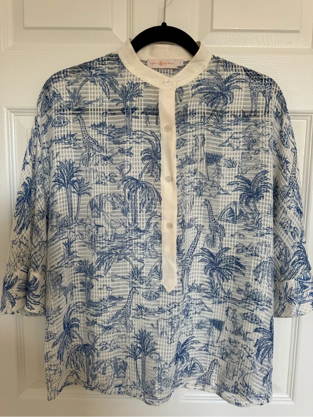 Tory Burch Blue and White Printed Button-Front Shirt - 100% Silk Sheer
